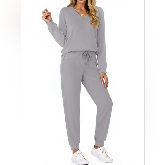 Casual V-Neck Drawstring Jumpsuit -  Gray Blue - Picture 3 of 3